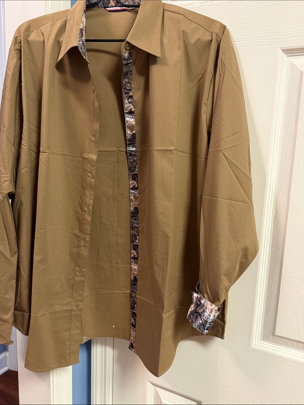 Women's Tan Button-Down Shirt with Contrasting Paisley Trim